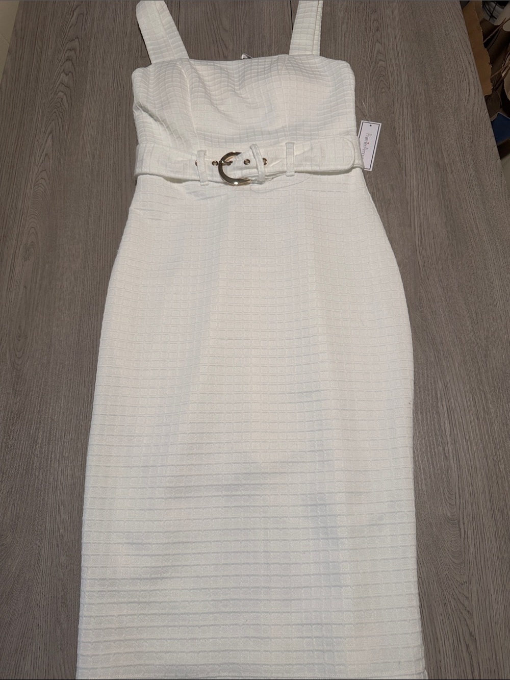 Textured Cream Midi Dress with Belted Waist